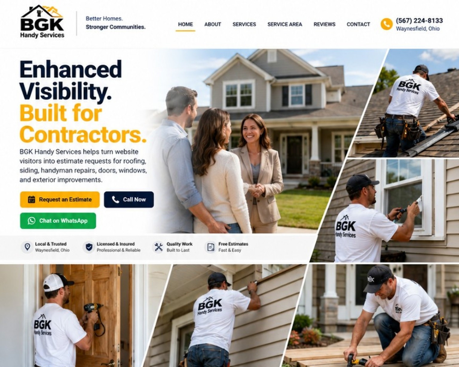BGK Handy Services homepage graphic with repair scene, call-to-action buttons, and trust badges